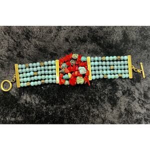 Vtg Turquoise Red Coral Bracelet Signed LC Southwestern Native Bohemian 7”